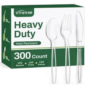 300 Count Heavy Duty Clear Plastic Silverware, Disposable Plastic Utensils Set, 100 Forks, 100 Spoons, 100 Knives, BPA-Free Heat Resistant Durable Plastic Cutlery Set for Party 300 Count Heavy Duty Clear Plastic Silverware, Disposable Plastic Utensils Set, 100 Forks, 100 Spoons, 100 Knives, BPA-Free Heat Resistant Durable Plastic Cutlery Set for Party