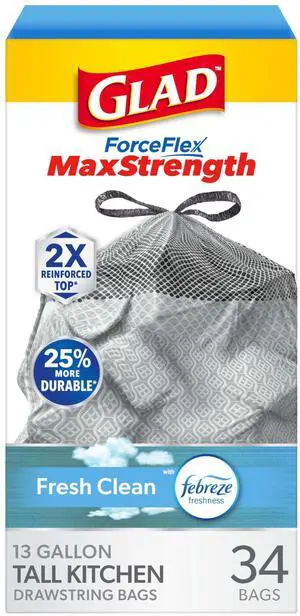MaxStrength Kitchen Trash Bags, 13 Gal, Fresh Clean Febreze, 34 Ct (Package May Vary) MaxStrength Kitchen Trash Bags, 13 Gal, Fresh Clean Febreze, 34 Ct (Package May Vary)