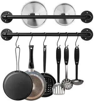 Industrial Pipe Pot Pan Rack 21" (2 Pack), Wall mount Pot hangers Pan Hanging Rail Lid Hanger for kitchen with 10 S Hooks Industrial Pipe Pot Pan Rack 21" (2 Pack), Wall mount Pot hangers Pan Hanging Rail Lid Hanger for kitchen with 10 S Hooks