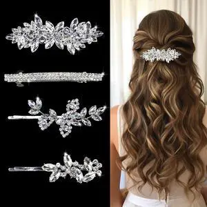 4 Pieces Rhinestone Hair Clips Leaf Wedding Hair Pins Crystal Bobby Pins Silver Bridal Hairpin Barrette for Brides Bridesmaids Flower Girls 4 Pieces Rhinestone Hair Clips Leaf Wedding Hair Pins Crystal Bobby Pins Silver Bridal Hairpin Barrette for Brides Bridesmaids Flower Girls