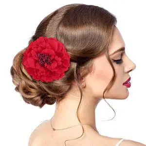 Red Peony Fascinator Hair Accessory, Large Artificial Flower Brooch Hairpin for Women, Vintage Rose Barrette for Party, Beach, Wedding Red Peony Fascinator Hair Accessory, Large Artificial Flower Brooch Hairpin for Women, Vintage Rose Barrette for Party, Beach, Wedding
