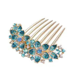 Women Rhinestone Inlaid Flower Hair Comb Hairpin Barrette Accessory,Also Perfect Mother's Day Gifts for Mom (Blue) Women Rhinestone Inlaid Flower Hair Comb Hairpin Barrette Accessory,Also Perfect Mother's Day Gifts for Mom (Blue)