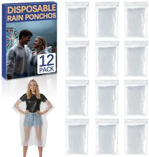 12 Pack Disposable Rain Ponchos for Adults, Emergency Clear Poncho with Hood Waterproof Bulk Plastic Rain Coat Family Pack for Hiking, Travel, Camping 12 Pack Disposable Rain Ponchos for Adults, Emergency Clear Poncho with Hood Waterproof Bulk Plastic Rain Coat Family Pack for Hiking, Travel, Camping