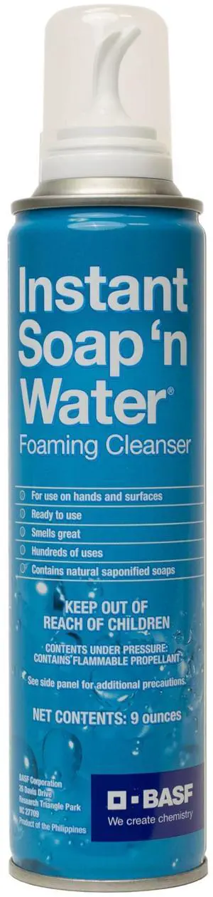 Instant Soap 'n Water, Foaming Hand Cleanser, Ready to Use No Rinse Subtle Scent Skin Cleaner, On the Go, Home, Work, Travel, Up to 100 Washes, 9 oz Instant Soap 'n Water, Foaming Hand Cleanser, Ready to Use No Rinse Subtle Scent Skin Cleaner, On the Go, Home, Work, Travel, Up to 100 Washes, 9 oz