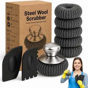 Steel Wool Scrubber with Handle & Scraper | 8 Piece Stainless Steel Cast Iron Cleaner Kit for Kitchen Pots, Pans, Grill, Griddle, Sink, Dishes, Cast Iron, Stock Pots Steel Wool Scrubber with Handle & Scraper | 8 Piece Stainless Steel Cast Iron Cleaner Kit for Kitchen Pots, Pans, Grill, Griddle, Sink, Dishes, Cast Iron, Stock Pots
