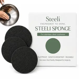 3-Pack Stainless Steel Cleaning Sponge, Non-Scratch Scrubber for Burnt-On Stains on Pots, Pans & Cookware, Reusable Stainless Steel Safe Kitchen Sponge 3-Pack Stainless Steel Cleaning Sponge, Non-Scratch Scrubber for Burnt-On Stains on Pots, Pans & Cookware, Reusable Stainless Steel Safe Kitchen Sponge