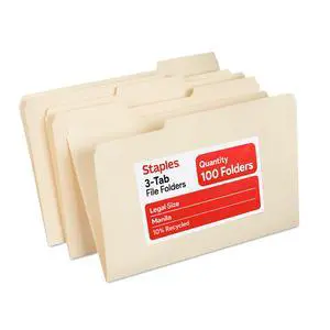 Recycled File Folders, Legal Size, 1/3-Cut Tabs, Manila, 100/Bx | Manila stock with durable tabs for everyday document organization. Recycled File Folders, Legal Size, 1/3-Cut Tabs, Manila, 100/Bx | Manila stock with durable tabs for everyday document organization.