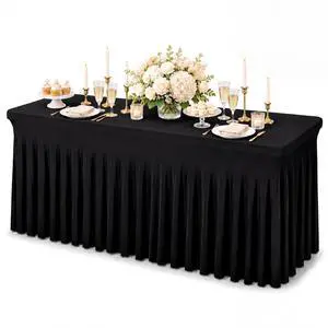 6 Ft Tablecloth Rectangle Black Spandex Table Cover | Fits 6 Ft Rectangle Tables, Spandex Fabric, Stretch Fitted Ruffled Skirt, Ideal For Banquet, Business Meeting And Wedding 6 Ft Tablecloth Rectangle Black Spandex Table Cover | Fits 6 Ft Rectangle Tables, Spandex Fabric, Stretch Fitted Ruffled Skirt, Ideal For Banquet, Business Meeting And Wedding