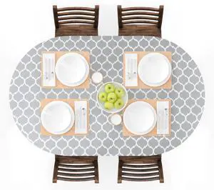 Oval Fitted Vinyl Tablecloth with Elastic Edged & Flannel Backing, Waterproof Wipeable Oval Table Cover - Fits Tables up to 42"X68" (Gray Moroccan) Oval Fitted Vinyl Tablecloth with Elastic Edged & Flannel Backing, Waterproof Wipeable Oval Table Cover - Fits Tables up to 42"X68" (Gray Moroccan)