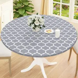 Round Picnic Tablecloth, Waterproof Elastic Fitted Table Covers for 45" - 56" Tables, Wipeable Flannel Backed Vinyl Tablecloths for Camping, Indoor, Outdoor, Grey & White Round Picnic Tablecloth, Waterproof Elastic Fitted Table Covers for 45" - 56" Tables, Wipeable Flannel Backed Vinyl Tablecloths for Camping, Indoor, Outdoor, Grey & White
