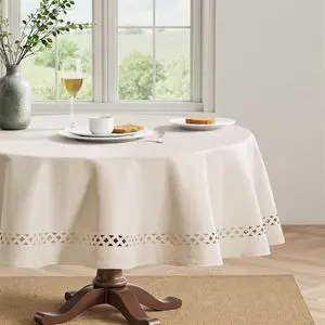 Beige 60 Inch Round Linen Tablecloth with Decorative Cutouts | Waterproof Stain Resistant & Shrink-Proof Table Cloth, Farmhouse Style, for Dining Wedding Kitchen Party Outdoor Beige 60 Inch Round Linen Tablecloth with Decorative Cutouts | Waterproof Stain Resistant & Shrink-Proof Table Cloth, Farmhouse Style, for Dining Wedding Kitchen Party Outdoor