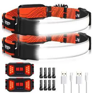 Rechargeable LED Headlamp 2 Pack, 1000LM 230° Wide Beam Head Lamp | Red rear light, USB-C charge, 410 hr runtime, water-resistant, power display, 8 hard hat clips for running, camping and work Rechargeable LED Headlamp 2 Pack, 1000LM 230° Wide Beam Head Lamp | Red rear light, USB-C charge, 410 hr runtime, water-resistant, power display, 8 hard hat clips for running, camping and work