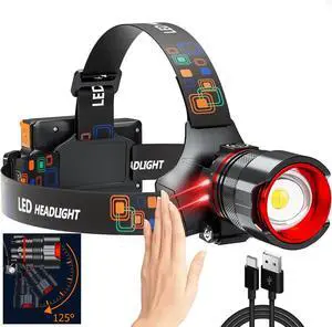 Rechargeable LED Headlamp 125° Wide Angle LED Headlamp Rechargeable, Super Bright 90000LM Head Lamp with 8 Light Modes, IPX7 Waterproof Headlight for Camping Hiking Running Fishing Work Rechargeable LED Headlamp 125° Wide Angle LED Headlamp Rechargeable, Super Bright 90000LM Head Lamp with 8 Light Modes, IPX7 Waterproof Headlight for Camping Hiking Running Fishing Work