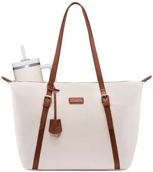 Laptop Bag for Women with Large Cup Holder, 15.6 Inch Cute Nylon Work Travel Tote Bags, Waterproof Computer Bag Shoulder Purse, Beige Laptop Bag for Women with Large Cup Holder, 15.6 Inch Cute Nylon Work Travel Tote Bags, Waterproof Computer Bag Shoulder Purse, Beige