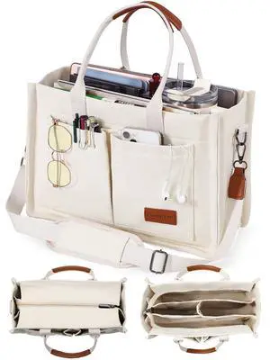 Canvas Tote Bag for Women with Zipper Closure & Individual Compartments for Work College, Crossbody Laptop Tote Purse Handbag with Detachable Strap & Bottom Support for Teacher & Nurse Beige Canvas Tote Bag for Women with Zipper Closure & Individual Compartments for Work College, Crossbody Laptop Tote Purse Handbag with Detachable Strap & Bottom Support for Teacher & Nurse Beige