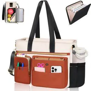 Teacher Tote Bag for Women 2Pcs,15.6'' Laptop Work Bag Computer Bag w/File Folder & Insulated Pocket, Large Water-resistant Messenger Shoulder Bag for Office/Travel/College,Black-Beige-Brown Teacher Tote Bag for Women 2Pcs,15.6'' Laptop Work Bag Computer Bag w/File Folder & Insulated Pocket, Large Water-resistant Messenger Shoulder Bag for Office/Travel/College,Black-Beige-Brown