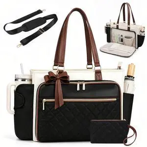 Teacher Laptop Tote Bag for Women with Large Leakproof Cup Holder, Waterproof Work Tote Bags with Padded 15.6 in Laptop Compartment, Quilted Nurse Bag with Carrying Purse for Office, Black Teacher Laptop Tote Bag for Women with Large Leakproof Cup Holder, Waterproof Work Tote Bags with Padded 15.6 in Laptop Compartment, Quilted Nurse Bag with Carrying Purse for Office, Black