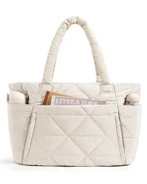 Tote Bag for Women, Puffy Tote Bag with Zipper, Large Quilted Shoulder Bag with Compartments for Travel, Work, Gym (Beige) Tote Bag for Women, Puffy Tote Bag with Zipper, Large Quilted Shoulder Bag with Compartments for Travel, Work, Gym (Beige)