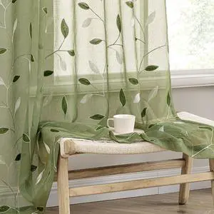 Sage Green Sheer Curtains 2 Panels Leaf Patterned, W52 x L84 | Embroidered Floral Semi Sheer,Rod Pocket,Faux Linen,Short Window Curtains Drapes Set for Kitchen/Bathroom/Cafe Sage Green Sheer Curtains 2 Panels Leaf Patterned, W52 x L84 | Embroidered Floral Semi Sheer,Rod Pocket,Faux Linen,Short Window Curtains Drapes Set for Kitchen/Bathroom/Cafe