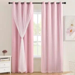 Pink Curtains for Girls Bedroom Blackout Kids Curtain 1 Panel | Light pink layered curtain, white sheer overlay, girls bedroom and nursery decor, room darkening, grommet top, 34 x 63 in Pink Curtains for Girls Bedroom Blackout Kids Curtain 1 Panel | Light pink layered curtain, white sheer overlay, girls bedroom and nursery decor, room darkening, grommet top, 34 x 63 in