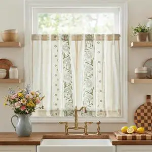 Green Floral Linen Kitchen Tier Curtains 36 Inch Back Tab 2 Panels | Embroidered floral pattern, light filtering, rod pocket, cafe curtains for small window bathroom laundry, cottage farmhouse Green Floral Linen Kitchen Tier Curtains 36 Inch Back Tab 2 Panels | Embroidered floral pattern, light filtering, rod pocket, cafe curtains for small window bathroom laundry, cottage farmhouse