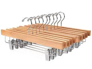 Wooden Pants Skirt Hangers with Clips, Natural, Pack of 10 | Lotus Wood Bottom Jeans Skirt Hanger with Anti Rust Hook Wooden Pants Skirt Hangers with Clips, Natural, Pack of 10 | Lotus Wood Bottom Jeans Skirt Hanger with Anti Rust Hook