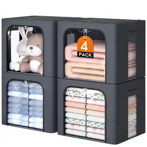Metal Frame Clothes Storage Bins, Light Grey, 40L, 4 Pack | Foldable Storage Boxes with Clear Window, Front & Top Zipper Openings, Stackable Organizer with Handles for Closet & Bedroom Metal Frame Clothes Storage Bins, Light Grey, 40L, 4 Pack | Foldable Storage Boxes with Clear Window, Front & Top Zipper Openings, Stackable Organizer with Handles for Closet & Bedroom