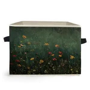 Dark Green Wildflower Storage Box Bins, Dark Cottagecore Floral Botanical Collapsible Storage Basket Organizer for Bedroom Laundry Room Home Clothes Books, Decor for Room Dark Green Wildflower Storage Box Bins, Dark Cottagecore Floral Botanical Collapsible Storage Basket Organizer for Bedroom Laundry Room Home Clothes Books, Decor for Room