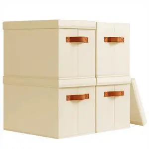 Storage Bins with Lids - Fabric Storage Baskets for Shelves, 4 Pack Foldable Decorative Boxes with Handles, Stackable Organizer Bins for Home, Nursery, Dorm, Beige Storage Bins with Lids - Fabric Storage Baskets for Shelves, 4 Pack Foldable Decorative Boxes with Handles, Stackable Organizer Bins for Home, Nursery, Dorm, Beige