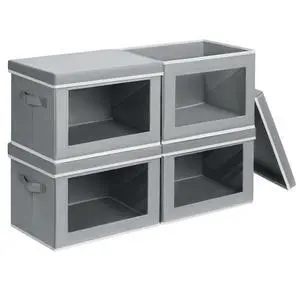 Storage Bins with Lids - Fabric Closet Storage Bins with Window, Collapsible Baskets for Shelves 4 Pack, Home Decorative Boxes for Clothes, Closet, Office, Grey Storage Bins with Lids - Fabric Closet Storage Bins with Window, Collapsible Baskets for Shelves 4 Pack, Home Decorative Boxes for Clothes, Closet, Office, Grey