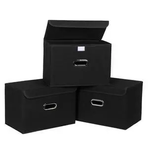 Fabric Foldable Collapsible Storage Cube Bin Organizer Basket with Lid, Handles, Removable Divider for Home, Closet (Black, 3Pcs) Fabric Foldable Collapsible Storage Cube Bin Organizer Basket with Lid, Handles, Removable Divider for Home, Closet (Black, 3Pcs)