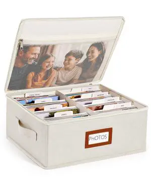 Photo Storage Box, Photo Organizer for 2000 4x6 Pictures, Beige | Linen Keepsake Box with Zipper Lid & 8 Dividers, Label Cards Included, Mesh Pocket for Larger Prints, Family Memory Storage Photo Storage Box, Photo Organizer for 2000 4x6 Pictures, Beige | Linen Keepsake Box with Zipper Lid & 8 Dividers, Label Cards Included, Mesh Pocket for Larger Prints, Family Memory Storage