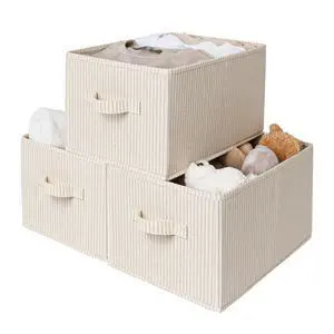 Shelf Organizer Bins, Beige Stripes, 3-Pack, Large | Foldable Shelf Organizer Bins, Closet Storage Baskets for Clothes, Fabric Storage Bins for Shelves Shelf Organizer Bins, Beige Stripes, 3-Pack, Large | Foldable Shelf Organizer Bins, Closet Storage Baskets for Clothes, Fabric Storage Bins for Shelves