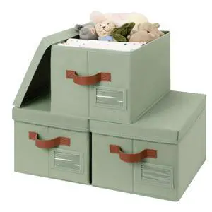 Storage Bins with Lids, Decorative Storage Boxes with Lids | Storage Box with Dust Cover, Handles & Lable, Collapsible, Ideal for Closet Clothes Blanket Toys, Medium, Green&Brown, 3-Pack Storage Bins with Lids, Decorative Storage Boxes with Lids | Storage Box with Dust Cover, Handles & Lable, Collapsible, Ideal for Closet Clothes Blanket Toys, Medium, Green&Brown, 3-Pack