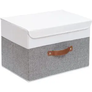 Fabric Storage Boxes with Lids,White/Grey,15.0x9.8x9.8in,1-Pack | Container with Leather Handle,Washable Storage Basket, Clothes Blanket Bin,Collapsible Closet Organizer for Bedroom Fabric Storage Boxes with Lids,White/Grey,15.0x9.8x9.8in,1-Pack | Container with Leather Handle,Washable Storage Basket, Clothes Blanket Bin,Collapsible Closet Organizer for Bedroom