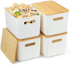 4 Pack Storage Bins with Bamboo Lids,Stackable Box for Organization | Plastic Storage Containers with Handle, Storages Baskets for Organizing Desktop Closet Playroom Classroom Office, White 4 Pack Storage Bins with Bamboo Lids,Stackable Box for Organization | Plastic Storage Containers with Handle, Storages Baskets for Organizing Desktop Closet Playroom Classroom Office, White