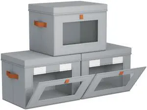 Storage Bins with Lids - Front Opening Storage Box with Clear Window & Handles, Stackable Foldable Fabric Bins for Closet Organization, Clothes, Sweaters, Towels, Blankets, 3 Pack, Grey Storage Bins with Lids - Front Opening Storage Box with Clear Window & Handles, Stackable Foldable Fabric Bins for Closet Organization, Clothes, Sweaters, Towels, Blankets, 3 Pack, Grey