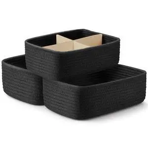 3 Pack Small Baskets for Organizing, Woven Storage Baskets for Shelves | 11.8x7.8x3.8 in Cotton Rope Baskets, Toy Baskets Storage Kids, Basket Organizer, for Living Room, Bedroom, Nursery, Black 3 Pack Small Baskets for Organizing, Woven Storage Baskets for Shelves | 11.8x7.8x3.8 in Cotton Rope Baskets, Toy Baskets Storage Kids, Basket Organizer, for Living Room, Bedroom, Nursery, Black