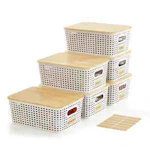 Small Plastic Storage Bins with Bamboo Lids 5.2qt Stackable Box Basket Pantry Decorative Containers Cute with Labels for Organizing Desktop Closet Office Cream White of 6 packs 10*7.2*4.1" Small Plastic Storage Bins with Bamboo Lids 5.2qt Stackable Box Basket Pantry Decorative Containers Cute with Labels for Organizing Desktop Closet Office Cream White of 6 packs 10*7.2*4.1"