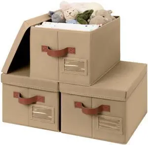 Storage Bins with Lids, Decorative Storage Boxes with Lids | Storage Box with Dust Cover, Handles & Lable, Collapsible, Ideal for Closet Clothes Blanket Toys, Medium, Brown, 3-Pack Storage Bins with Lids, Decorative Storage Boxes with Lids | Storage Box with Dust Cover, Handles & Lable, Collapsible, Ideal for Closet Clothes Blanket Toys, Medium, Brown, 3-Pack