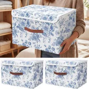 2 Pack Blue Floral Storage Bin with Lids, 15x10x10 Inch | Large Decorative Storage Boxes with Handles Fabric Containers Porcelain Basket Cube Organizer for Clothes Nursery Home Dorm 2 Pack Blue Floral Storage Bin with Lids, 15x10x10 Inch | Large Decorative Storage Boxes with Handles Fabric Containers Porcelain Basket Cube Organizer for Clothes Nursery Home Dorm