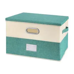 Large Linen Fabric Foldable Storage Bins with Removable Lid and Handles, Washable Storage Box Organizer Containers Baskets Cube with Cover for Bedroom,Closet,Office (Turquoise&Cream, Medium) Large Linen Fabric Foldable Storage Bins with Removable Lid and Handles, Washable Storage Box Organizer Containers Baskets Cube with Cover for Bedroom,Closet,Office (Turquoise&Cream, Medium)