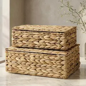 Storage Boxes with Lids - Set of 2 Wicker Organizer Shelf Bins | Beautiful Rattan Boho Design for Shelves and Home Decor - Safely Store Photos, Documents and Memory Box Keepsakes in Style Storage Boxes with Lids - Set of 2 Wicker Organizer Shelf Bins | Beautiful Rattan Boho Design for Shelves and Home Decor - Safely Store Photos, Documents and Memory Box Keepsakes in Style