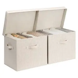 Storage Bins with Lids, Fabric Closet Storage Bins, Large | One-Piece Lid & 3 Handles, For Clothes, Blankets, Collapsible & Stackable Closet Organizer, Bedroom, Khaki and Beige Stripes Storage Bins with Lids, Fabric Closet Storage Bins, Large | One-Piece Lid & 3 Handles, For Clothes, Blankets, Collapsible & Stackable Closet Organizer, Bedroom, Khaki and Beige Stripes