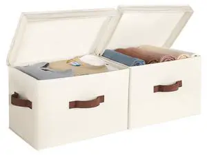Fabric Storage Bins with Lids, Closet Storage Bins | Flip-Top Lid, 3 Handles, Collapsible, Stackable, for Clothes Blankets, Multi-Purpose, Large, Ivory White, 2-Pack Fabric Storage Bins with Lids, Closet Storage Bins | Flip-Top Lid, 3 Handles, Collapsible, Stackable, for Clothes Blankets, Multi-Purpose, Large, Ivory White, 2-Pack