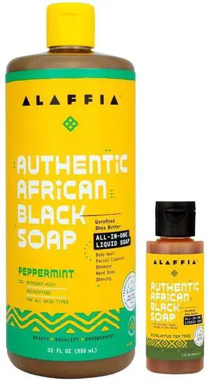 Authentic African Black Soap Variety 2-Pack All-In-One Liquid Soap, Travel-Size Eucalyptus Tea Tree + Full-Size Peppermint Body Wash, Face Wash, Shampoo, Shaving Soap Authentic African Black Soap Variety 2-Pack All-In-One Liquid Soap, Travel-Size Eucalyptus Tea Tree + Full-Size Peppermint Body Wash, Face Wash, Shampoo, Shaving Soap