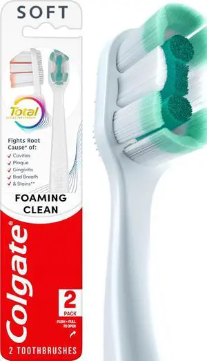 Total Foaming Clean Toothbrush, Soft, White, 2 Pack | Remove Plaque, Floss-Tip Bristles, Helps Reach Deeper Along the Gumline and Between Teeth, High-Density Soft Bristles Total Foaming Clean Toothbrush, Soft, White, 2 Pack | Remove Plaque, Floss-Tip Bristles, Helps Reach Deeper Along the Gumline and Between Teeth, High-Density Soft Bristles