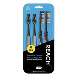 Advanced Design Soft Bristle Toothbrush with Toothbrush Caps, 6 Count | Angled neck, Reach Tip, Multi-level bristles, Contoured handle, Tongue scraper Advanced Design Soft Bristle Toothbrush with Toothbrush Caps, 6 Count | Angled neck, Reach Tip, Multi-level bristles, Contoured handle, Tongue scraper