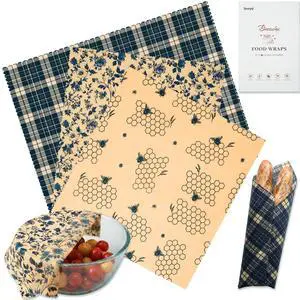 3 Pack 2L & 1XL Reusable Beeswax Wraps for Food, Reusable Beeswax Food Wraps for Bread, Cheese, Fruits, Zero Waste, Plastic-Free Storage, Natural Cotton with Plaid, Floral & Bee Patterns 3 Pack 2L & 1XL Reusable Beeswax Wraps for Food, Reusable Beeswax Food Wraps for Bread, Cheese, Fruits, Zero Waste, Plastic-Free Storage, Natural Cotton with Plaid, Floral & Bee Patterns