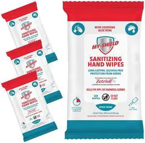 Sanitizing Hand Wipes - Travel Pack - 20 Count (4-pack) Alcohol-Free, Long-lasting Protection. Kills 99.9% of Germs. Moisturizes With Aloe Vera. Formulated with Zetrisil. Sanitizing Hand Wipes - Travel Pack - 20 Count (4-pack) Alcohol-Free, Long-lasting Protection. Kills 99.9% of Germs. Moisturizes With Aloe Vera. Formulated with Zetrisil.